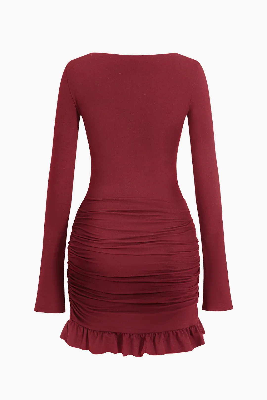 MICAS Long Sleeve Dresses|Mini Dresses-Solid Ruffle Ruched Twist Long Sleeve Mini Dress