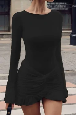 MICAS Long Sleeve Dresses|Mini Dresses-Solid Ruffle Ruched Twist Long Sleeve Mini Dress