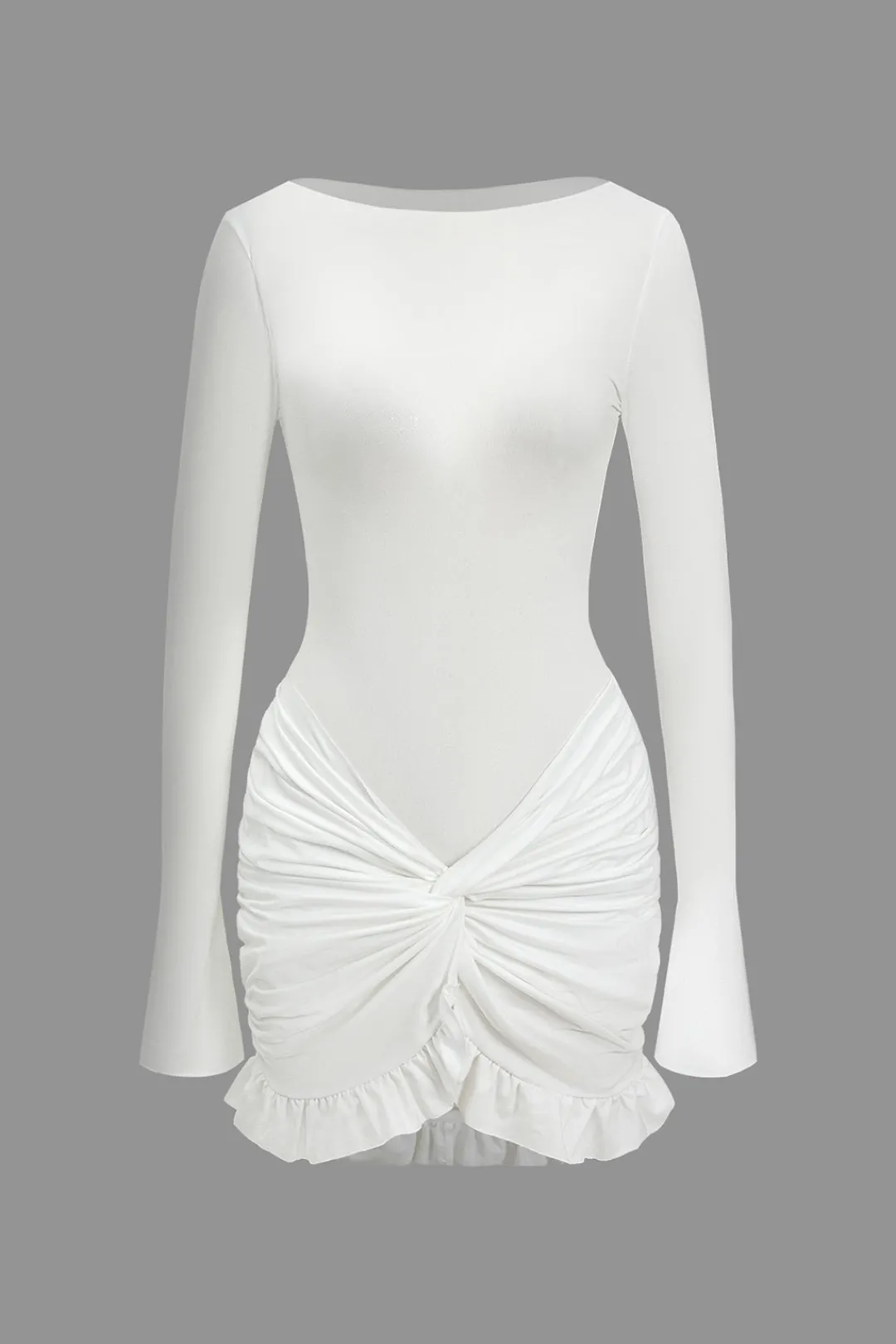 MICAS Long Sleeve Dresses|Mini Dresses-Solid Ruffle Ruched Twist Long Sleeve Mini Dress