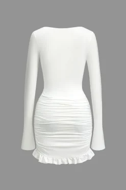 MICAS Long Sleeve Dresses|Mini Dresses-Solid Ruffle Ruched Twist Long Sleeve Mini Dress