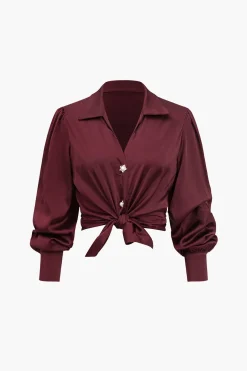MICAS Long Sleeve Tops|Long Sleeves Tops-Solid Satin Button Long-Sleeve Shirt