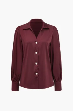 MICAS Long Sleeve Tops|Long Sleeves Tops-Solid Satin Button Long-Sleeve Shirt