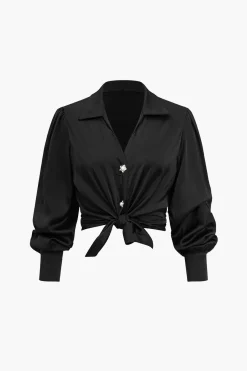 MICAS Long Sleeve Tops|Long Sleeves Tops-Solid Satin Button Long-Sleeve Shirt