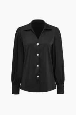 MICAS Long Sleeve Tops|Long Sleeves Tops-Solid Satin Button Long-Sleeve Shirt