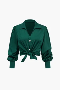 MICAS Long Sleeve Tops|Long Sleeves Tops-Solid Satin Button Long-Sleeve Shirt
