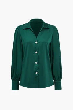 MICAS Long Sleeve Tops|Long Sleeves Tops-Solid Satin Button Long-Sleeve Shirt