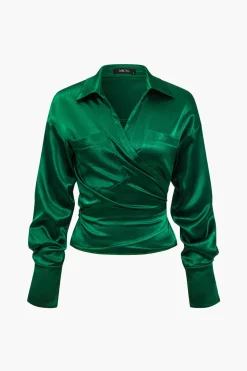 MICAS Long Sleeve Tops|Long Sleeves Tops-Solid Satin Button Tie-Up Long-Sleeve Shirt GREEN