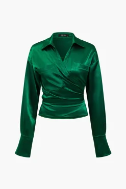 MICAS Long Sleeve Tops|Long Sleeves Tops-Solid Satin Button Tie-Up Long-Sleeve Shirt GREEN