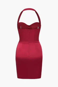 MICAS Mini Dresses-Solid Satin Halter Neck Bustier Mini Dress CRIMSON