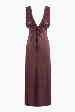 MICAS Maxi Dresses-Solid Satin Lace Trim Tie-Up Maxi Dress COFFEE