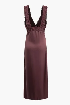 MICAS Maxi Dresses-Solid Satin Lace Trim Tie-Up Maxi Dress COFFEE