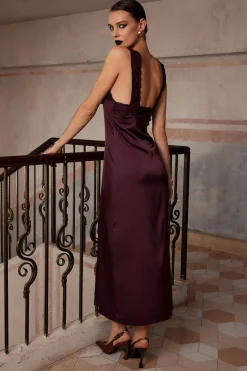 MICAS Maxi Dresses-Solid Satin Lace Trim Tie-Up Maxi Dress COFFEE