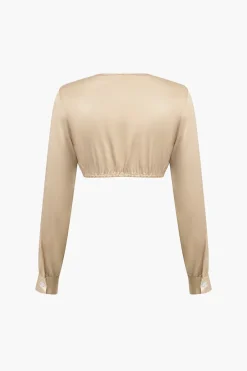 MICAS Skirt Sets-Solid Satin V-neck Cropped Shirt And Asymmetrical Skirt Set DUSTY ROSE