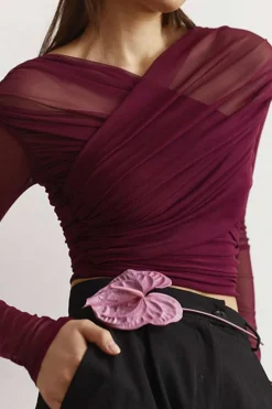 MICAS Long Sleeve Tops|Long Sleeves Tops-Solid Sheer Mesh Ruched Long-Sleeve Top