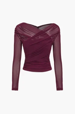MICAS Long Sleeve Tops|Long Sleeves Tops-Solid Sheer Mesh Ruched Long-Sleeve Top