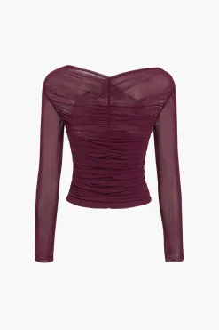 MICAS Long Sleeve Tops|Long Sleeves Tops-Solid Sheer Mesh Ruched Long-Sleeve Top