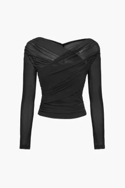 MICAS Long Sleeve Tops|Long Sleeves Tops-Solid Sheer Mesh Ruched Long-Sleeve Top
