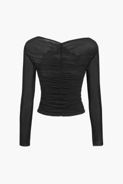 MICAS Long Sleeve Tops|Long Sleeves Tops-Solid Sheer Mesh Ruched Long-Sleeve Top
