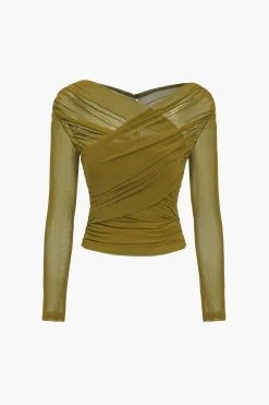 MICAS Long Sleeve Tops|Long Sleeves Tops-Solid Sheer Mesh Ruched Long-Sleeve Top