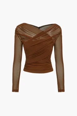 MICAS Long Sleeve Tops|Long Sleeves Tops-Solid Sheer Mesh Ruched Long-Sleeve Top