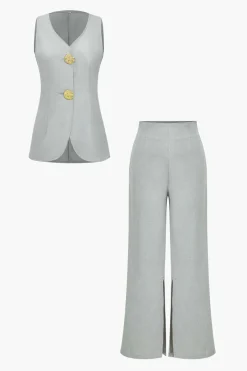 MICAS Vacation Sets|Pant Sets-Solid Sleeveless Suit Vest And Pants Set PEARL RIVER