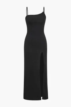 MICAS Midi Dresses-Solid Slip Strap Slit Midi Dress BLACK