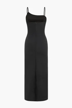 MICAS Midi Dresses-Solid Slip Strap Slit Midi Dress BLACK