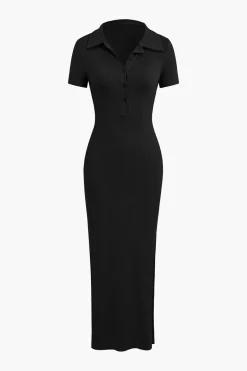 MICAS Midi Dresses-Solid Slit Collar Midi Dress