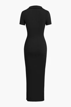 MICAS Midi Dresses-Solid Slit Collar Midi Dress