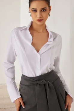 MICAS Long Sleeve Tops|Long Sleeves Tops-Solid Slit Long-Sleeve Shirt WHITE