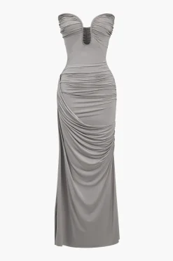 MICAS Maxi Dresses-Solid Strapless Ruched Maxi Dress SMOKE
