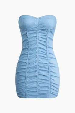 MICAS Mini Dresses-Solid Strapless Ruched Mini Dress POWDER BLUE