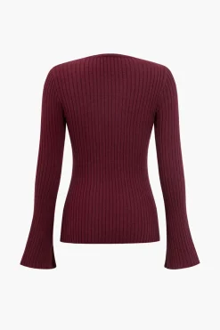 MICAS Knit Tops-Solid Sweater Button Long-Sleeve Top BURGUNDY