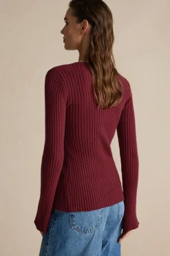 MICAS Knit Tops-Solid Sweater Button Long-Sleeve Top BURGUNDY