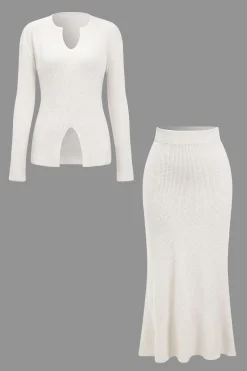 MICAS Knit Sets-Solid Sweater Cut Out Top And Skirt Set