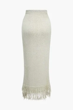 MICAS Skirts-Solid Sweater Fringe Maxi Skirt BEIGE