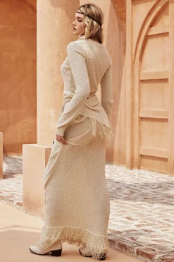 MICAS Skirts-Solid Sweater Fringe Maxi Skirt BEIGE