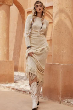MICAS Skirts-Solid Sweater Fringe Maxi Skirt BEIGE