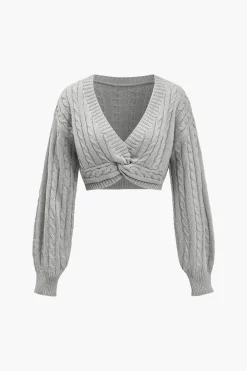 MICAS Knitwear|Knit Tops-Solid Sweater Twist Knot V-Neck Long-Sleeve Top
