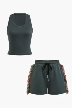 MICAS Short Sets|Vacation Sets-Solid Tank Top And Fringe Drawstring Shorts Set GRAY