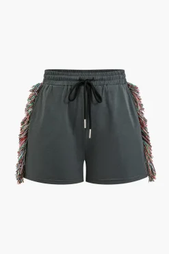 MICAS Short Sets|Vacation Sets-Solid Tank Top And Fringe Drawstring Shorts Set GRAY