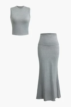 MICAS Skirt Sets-Solid Tank Top And Mermaid Maxi Skirt Set GRAY