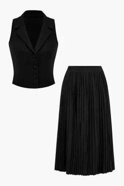MICAS Skirt Sets-Solid Tank Top And Pleated Skirt Set
