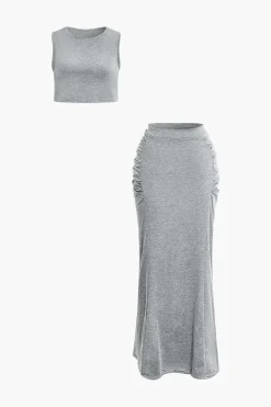 MICAS Skirt Sets-Solid Tank Top And Ruched Maxi Skirt Set GRAY