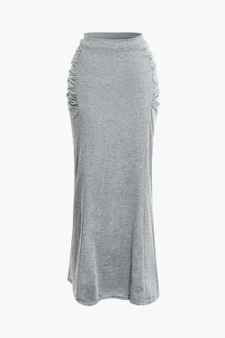 MICAS Skirt Sets-Solid Tank Top And Ruched Maxi Skirt Set GRAY