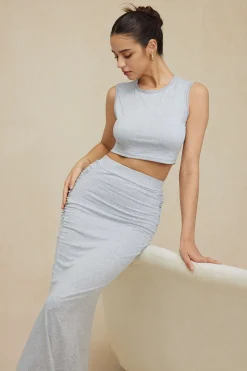 MICAS Skirt Sets-Solid Tank Top And Ruched Maxi Skirt Set GRAY