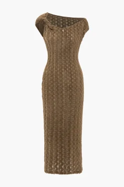 MICAS Midi Dresses-Solid Textured Asymmetrical Twist Knot Midi Dress LIGHT BROWN