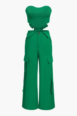 MICAS Pant Sets-Solid Tie Backless Tube Top And Cargo Trouser Set GREEN