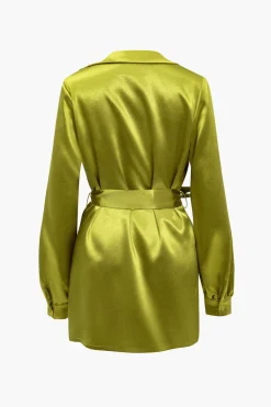 MICAS Long Sleeve Dresses|Mini Dresses-Solid Tie Front Draped Cowl Neck Belted Mini Dress