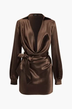 MICAS Long Sleeve Dresses|Mini Dresses-Solid Tie Front Draped Cowl Neck Belted Mini Dress